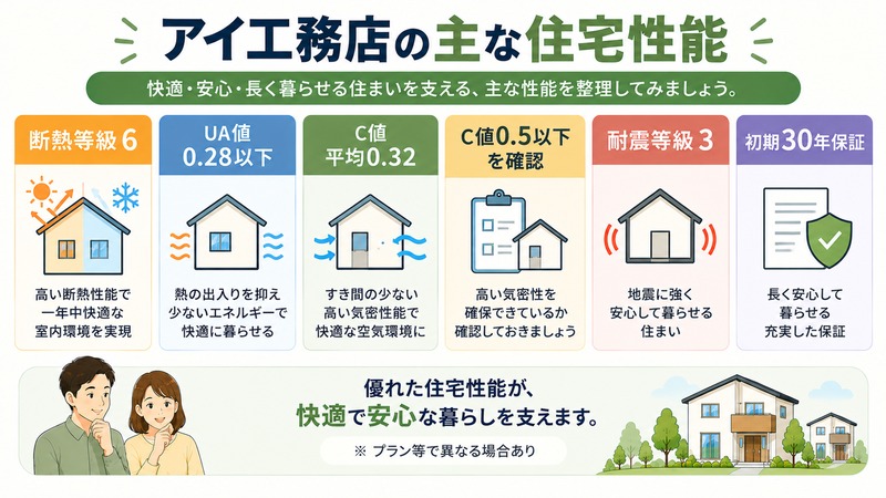 アイ工務店の断熱気密耐震保証の主な性能