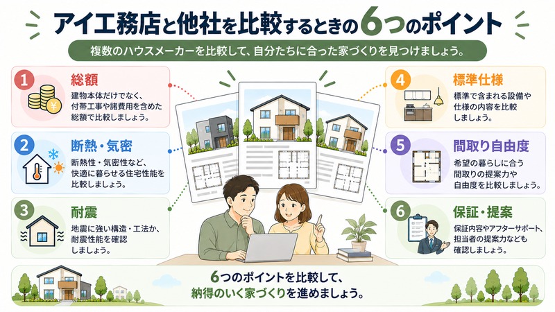 アイ工務店と他のハウスメーカーを比較する6つのポイント